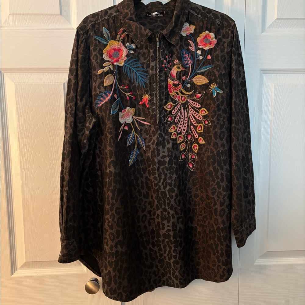 Johnny Was Black Blouse with Colorful Embroidery